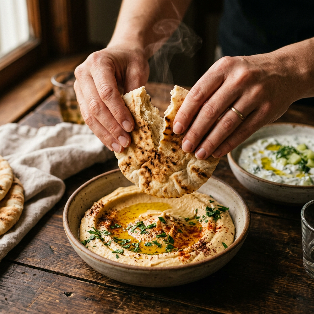 Fresh pita and hummus
